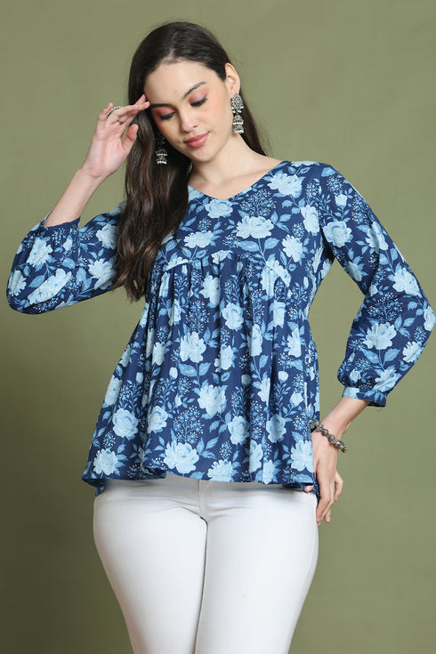 Blue Pure Cotton Jaipuri Printed Short Top