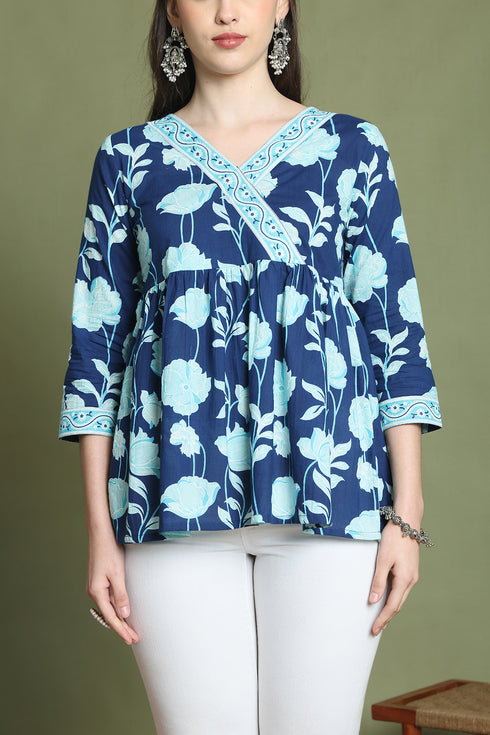 Blue Pure Cotton Jaipuri Printed Short Top