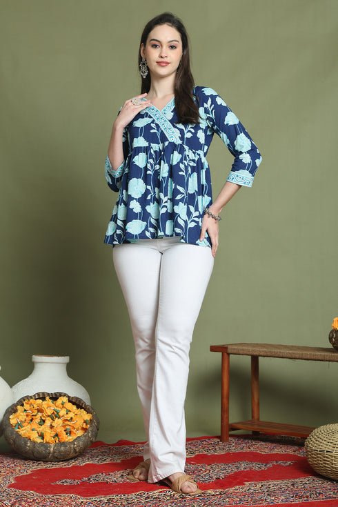 Blue Pure Cotton Jaipuri Printed Short Top