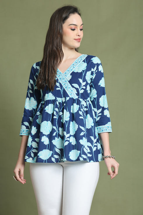 Blue Pure Cotton Jaipuri Printed Short Top