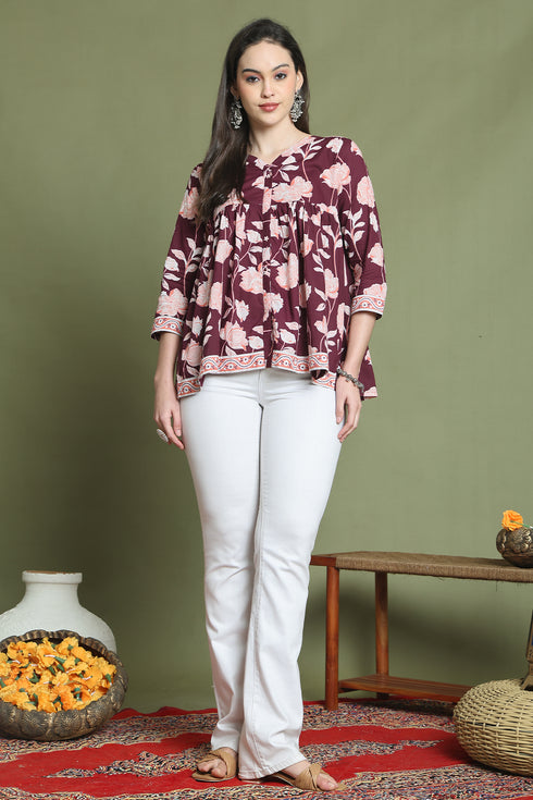 Wine Pure Cotton Jaipuri Printed Short Top