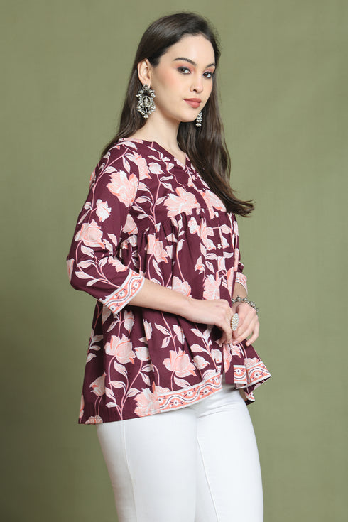 Wine Pure Cotton Jaipuri Printed Short Top