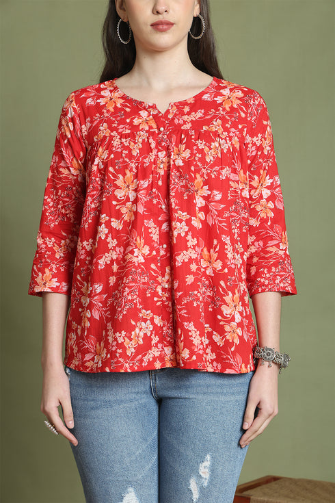 Red Pure Cotton Jaipuri Printed Short Top