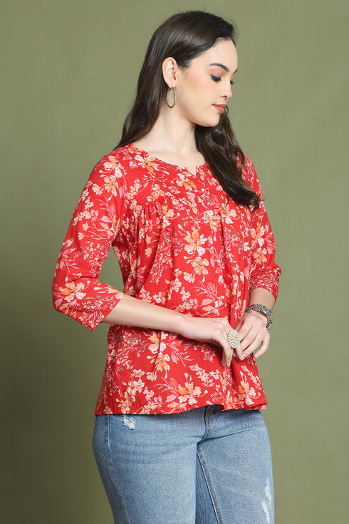 Red Pure Cotton Jaipuri Printed Short Top