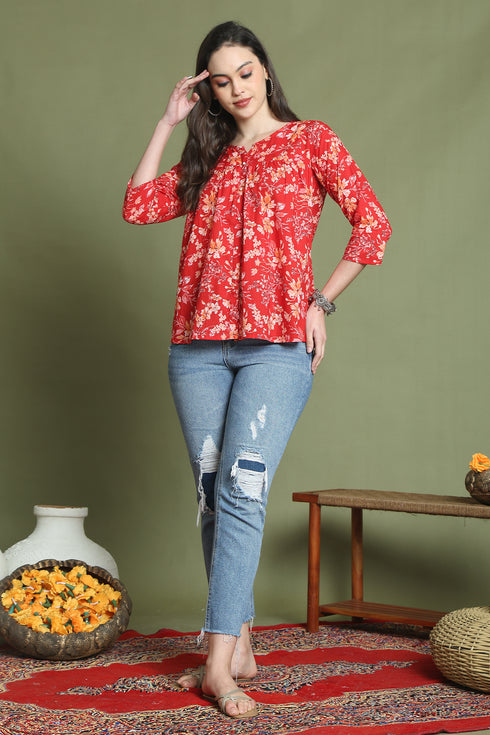 Red Pure Cotton Jaipuri Printed Short Top