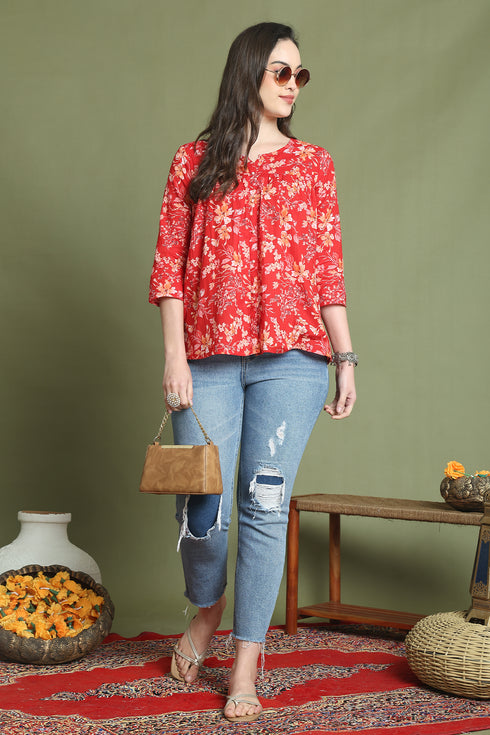 Red Pure Cotton Jaipuri Printed Short Top