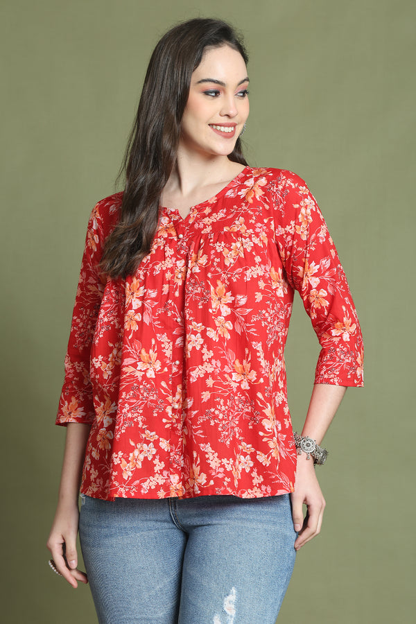 Red Pure Cotton Jaipuri Printed Short Top