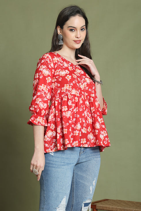 Red Pure Cotton Jaipuri Printed Short Top