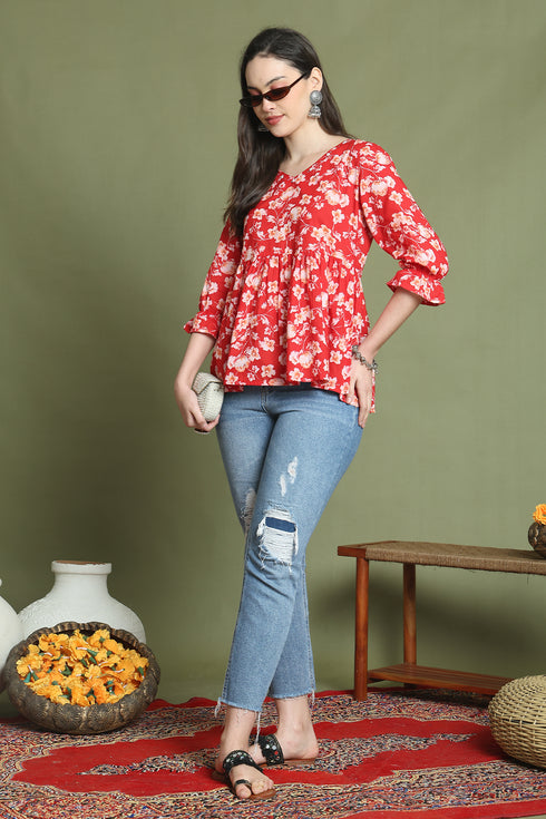 Red Pure Cotton Jaipuri Printed Short Top