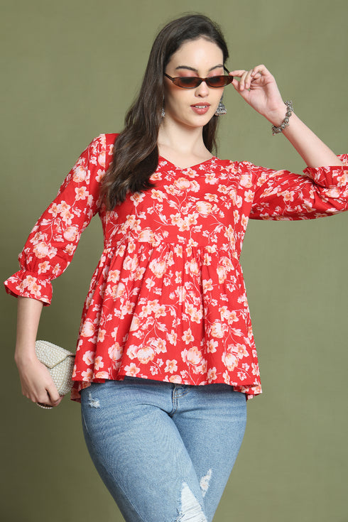 Red Pure Cotton Jaipuri Printed Short Top