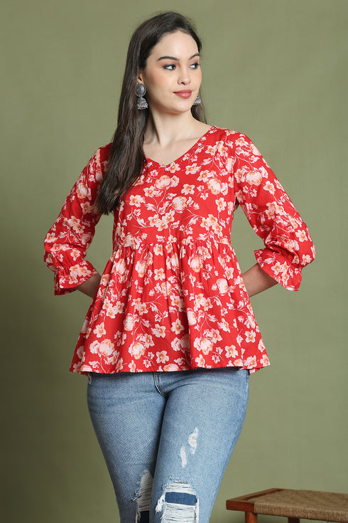 Red Pure Cotton Jaipuri Printed Short Top