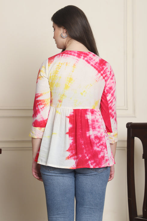 Women Pure Cotton Tie-Dye Shibori Printed Short Top