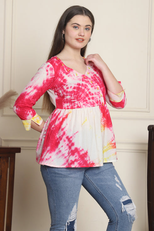 Women Pure Cotton Tie-Dye Shibori Printed Short Top