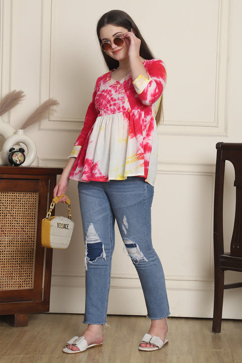 Women Pure Cotton Tie-Dye Shibori Printed Short Top