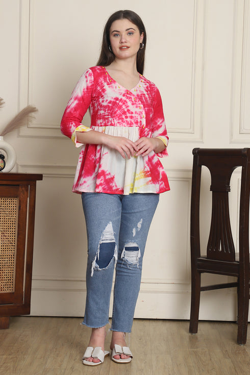 Women Pure Cotton Tie-Dye Shibori Printed Short Top