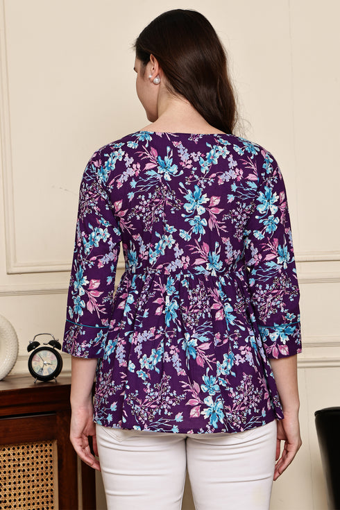 Purple Petal Bliss Cotton Jaipuri Printed Short Top