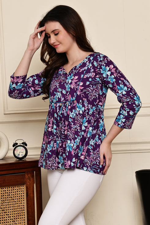 Purple Petal Bliss Cotton Jaipuri Printed Short Top
