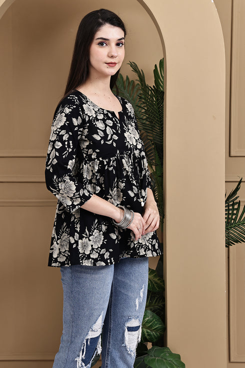 Noir Petal Ensemble Cotton Jaipuri Printed Short Top