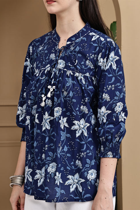 Blue Petal Chic Cotton Jaipuri Printed Short Top