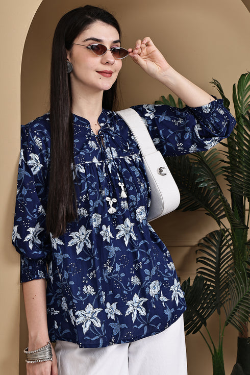 Blue Petal Chic Cotton Jaipuri Printed Short Top