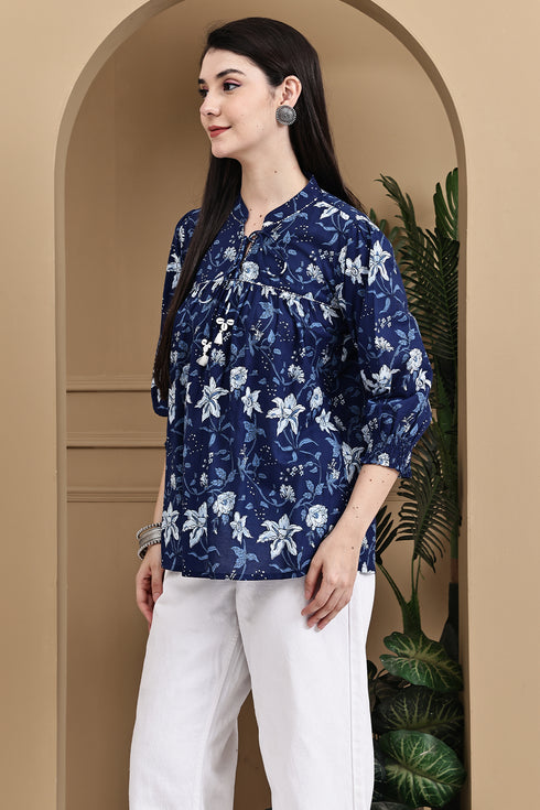 Blue Petal Chic Cotton Jaipuri Printed Short Top