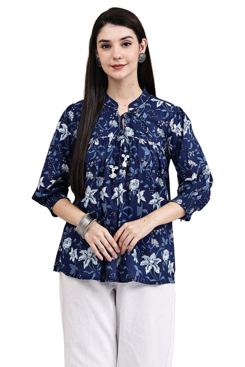 Blue Petal Chic Cotton Jaipuri Printed Short Top