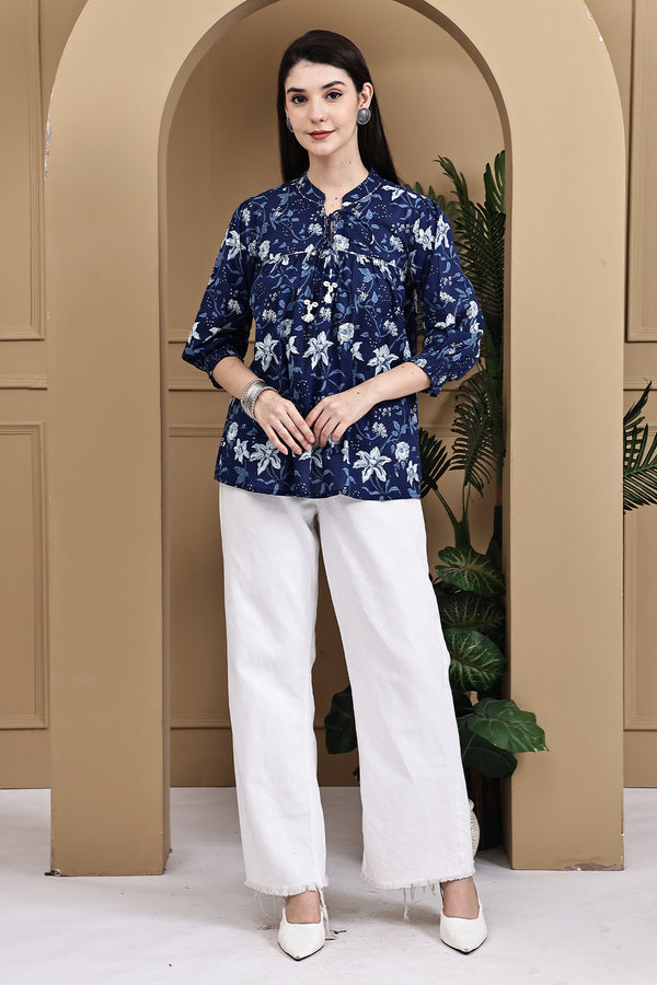 Blue Petal Chic Cotton Jaipuri Printed Short Top