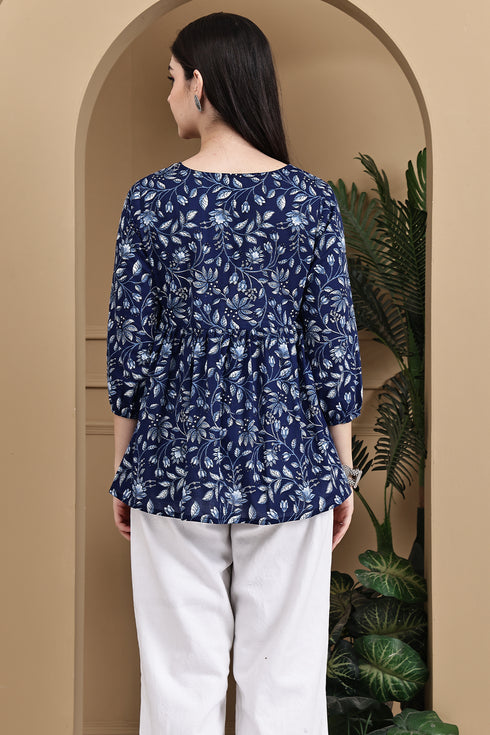 Garden Vibes Blue Cotton Jaipuri Printed Short Top