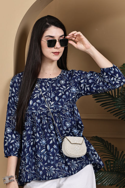 Garden Vibes Blue Cotton Jaipuri Printed Short Top