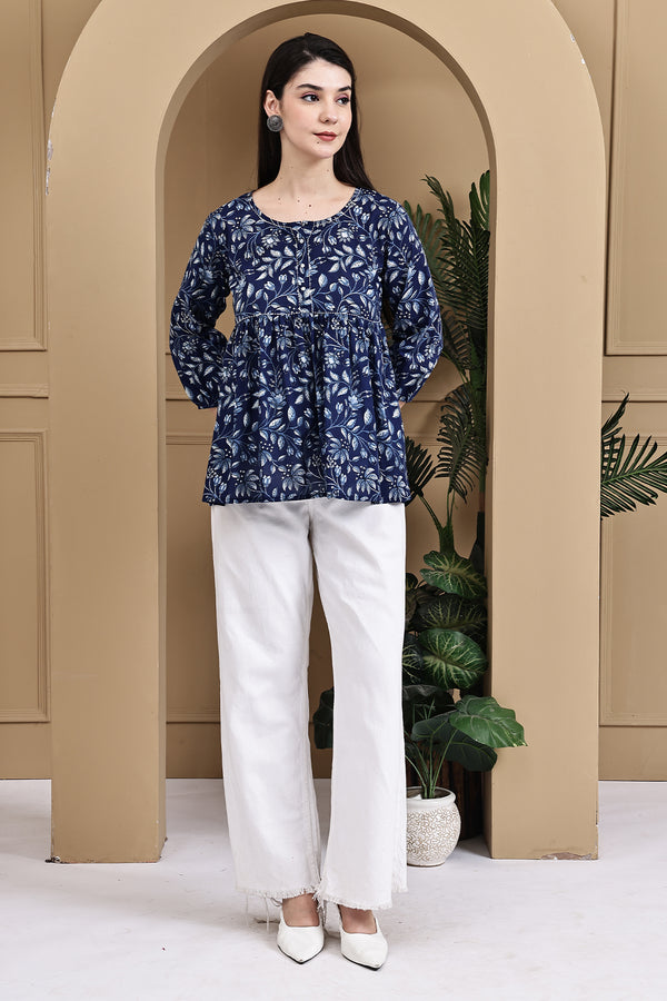 Garden Vibes Blue Cotton Jaipuri Printed Short Top