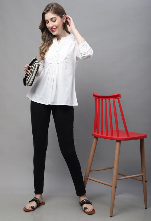 Off White Pure cotton Solid Short Top