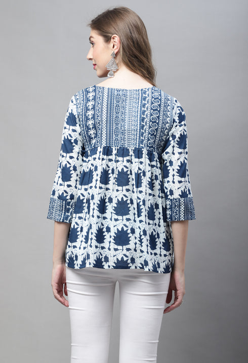 Navy Blue Pure cotton Jaipuri Printed Short Top