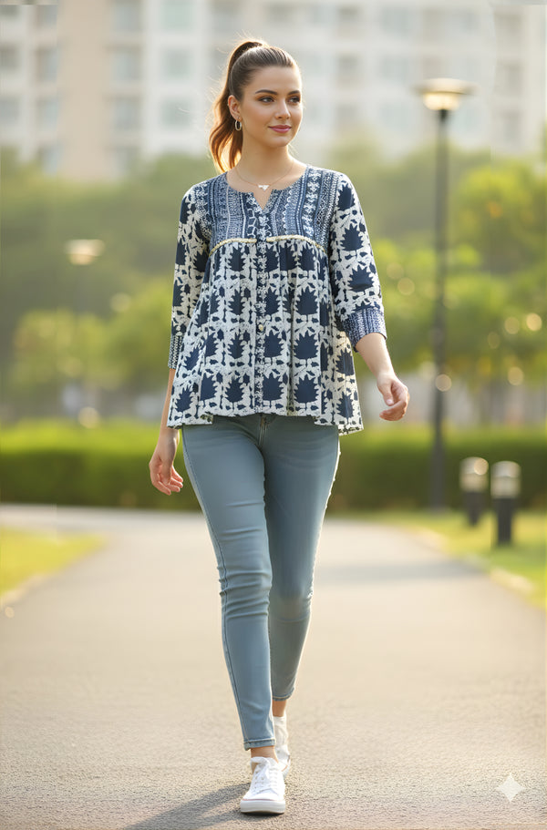 Navy Blue Pure cotton Jaipuri Printed Short Top