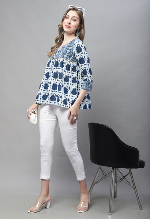 Navy Blue Pure cotton Jaipuri Printed Short Top
