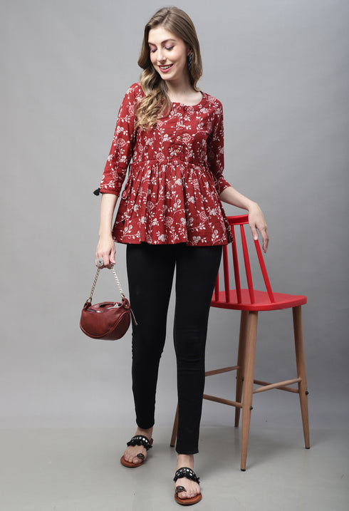 Brown Pure cotton Jaipuri Printed Short Top