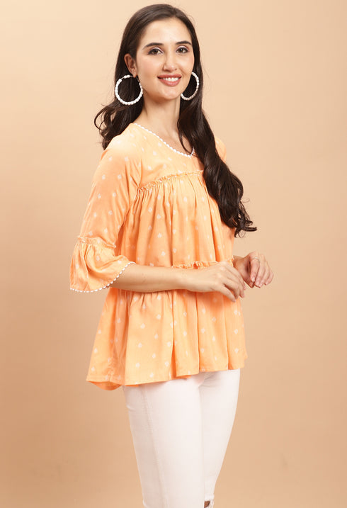 Light Orange Pure cotton Jaipuri Printed Short Top