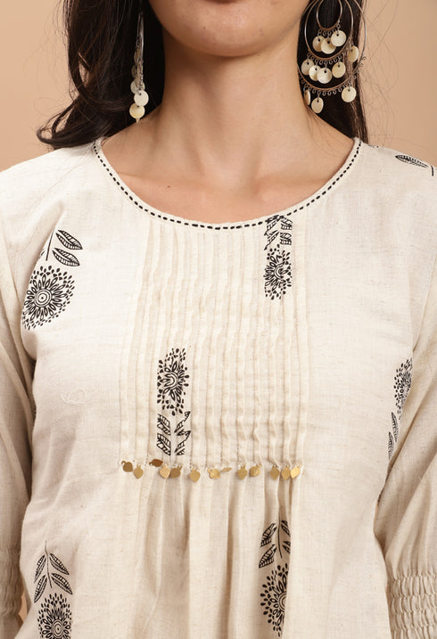 Off White Pure cotton Jaipuri Printed Short Top