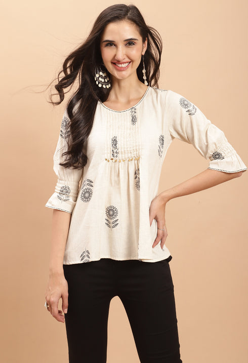 Off White Pure cotton Jaipuri Printed Short Top