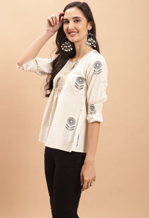 Off White Pure cotton Jaipuri Printed Short Top