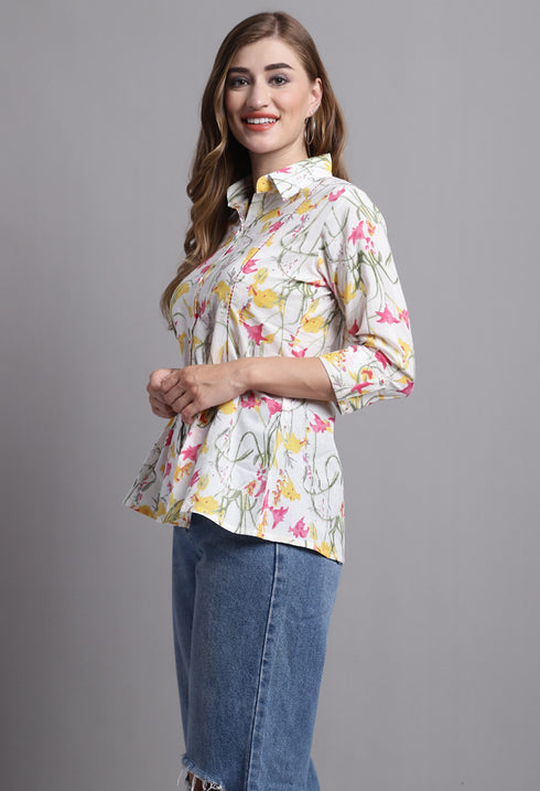 Off White Pure cotton Jaipuri Printed Short Top