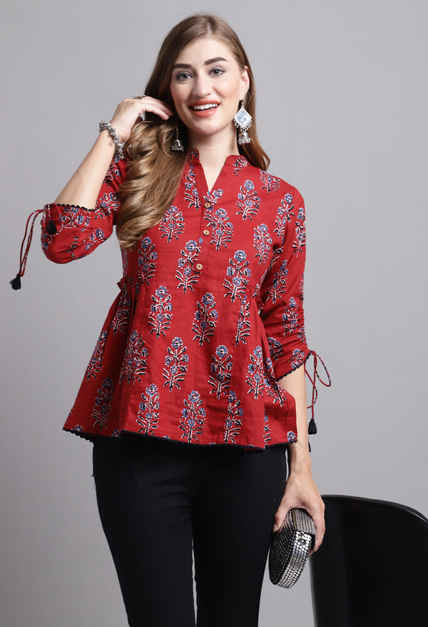 Maroon Pure cotton Jaipuri Printed Short Top