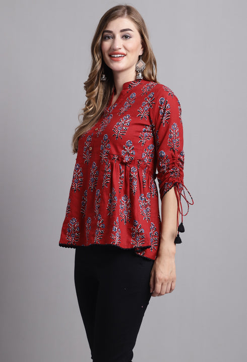Maroon Pure cotton Jaipuri Printed Short Top