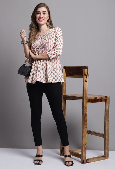 Beige Pure cotton Jaipuri Printed Short Top