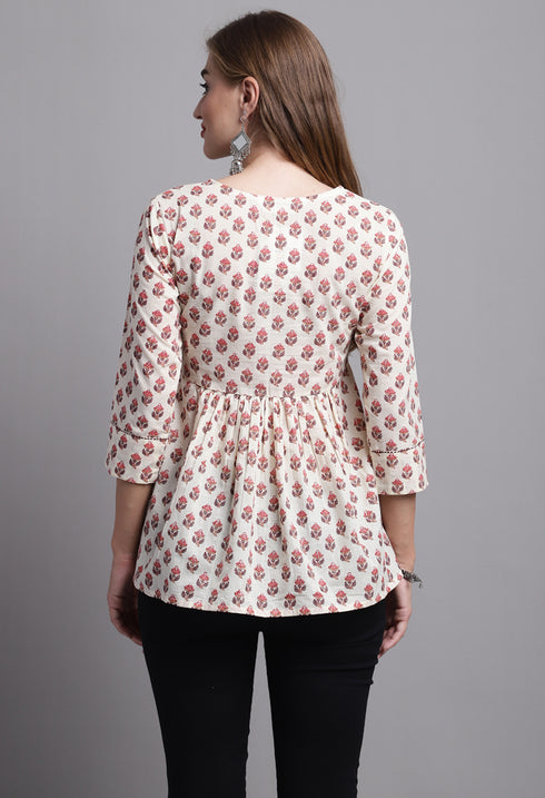 Beige Pure cotton Jaipuri Printed Short Top
