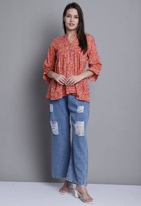 Light Orange Pure cotton Jaipuri Printed Short Top