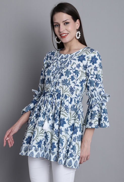 White & Blue Pure cotton Jaipuri Printed Short Top