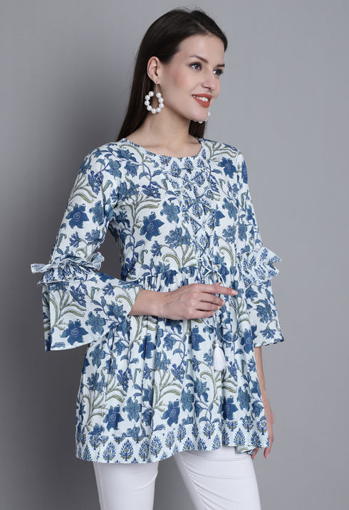 White & Blue Pure cotton Jaipuri Printed Short Top