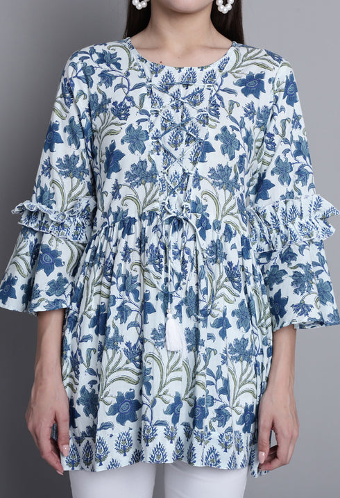 White & Blue Pure cotton Jaipuri Printed Short Top