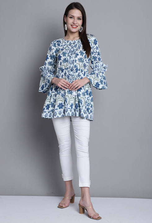 White & Blue Pure cotton Jaipuri Printed Short Top