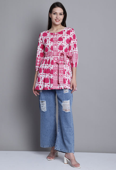 Pink & White Pure cotton Jaipuri Printed Short Top